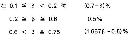 {\displaystyle{\begin{eqnarray}&\text{在}0.1 \le \beta < 0.2\text8 & \le \beta < 0.2において\qquad\qquad&(0.7 - \beta)\%& \\&0.2& \le \beta \le 0.6\qquad\qquad &0.5\%& \\&0.6& < \beta \le 0.75\qquad\qquad&(1.667\beta - 0.5)&\%\end{eqnarray>