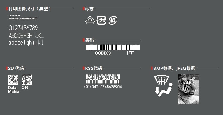 打印图像尺寸(典型), 标志, 条码, 2D 代码, RSS代码, BMP数据,JPEG数据
