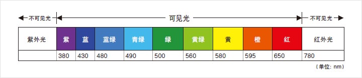 [ 不可见光 : 紫外光][ 可见光不 : 紫 380 / 蓝 430 / 蓝绿 480 / 青绿 490 / 绿 500 / 黄绿 560 / 黄 580 / 橙 595 / 红 650 ][ 不可见光 : 红外光 780 ]（单位：nm）